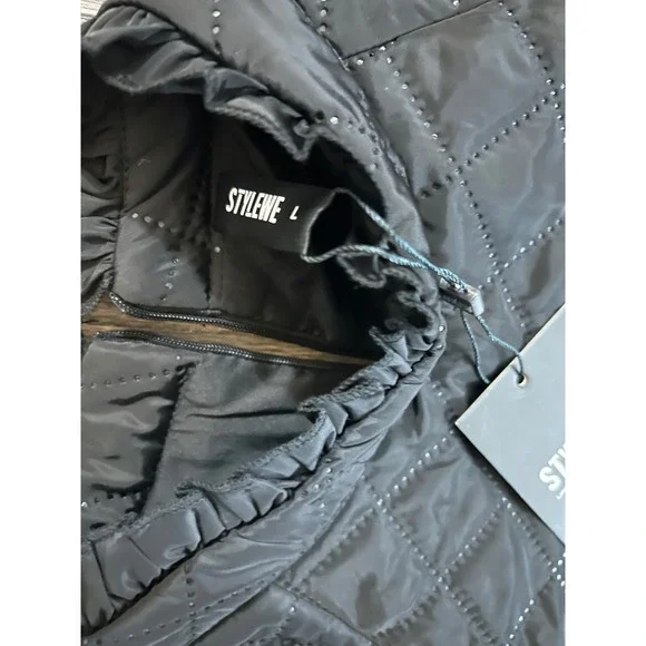 NWT STYLEWE Quilted Puffer Dress Black Puff Sleeve Ruffle Hem Mock Neck L - Picture 6 of 6